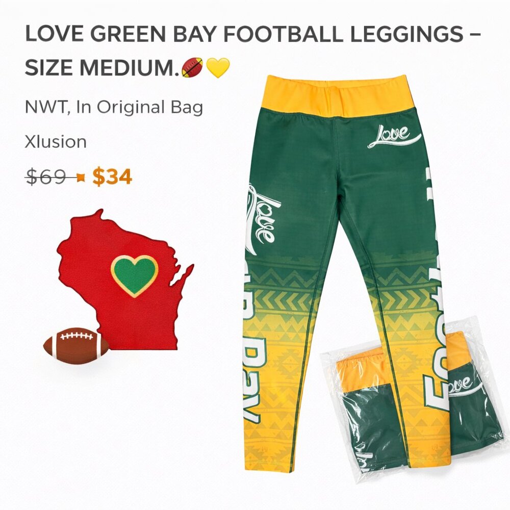 LOVE GREEN BAY FOOTBALL LEGGINGS – SIZE MEDIUM 🏈💚💛